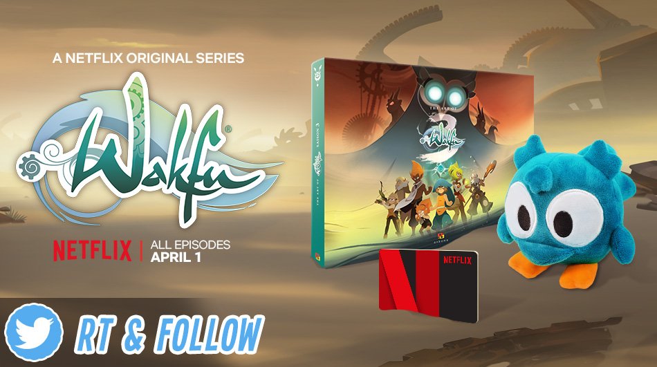 WAKFU_FR's tweet photo. Pour fêter l’arrivée de #WAKFUs3 partout dans le monde ce dimanche 1er Avril, follow &amp; RT cette publication et tentez de gagner :
-Une carte de 6 mois d’abonnement à Netflix,
-Un Artbook Wakfu s3,
-Une peluche Tofu Yugo,
Tirage au sort mercredi 04 Avril à 17h00 CEST. https://t.co/Fb6f2MVKpN
