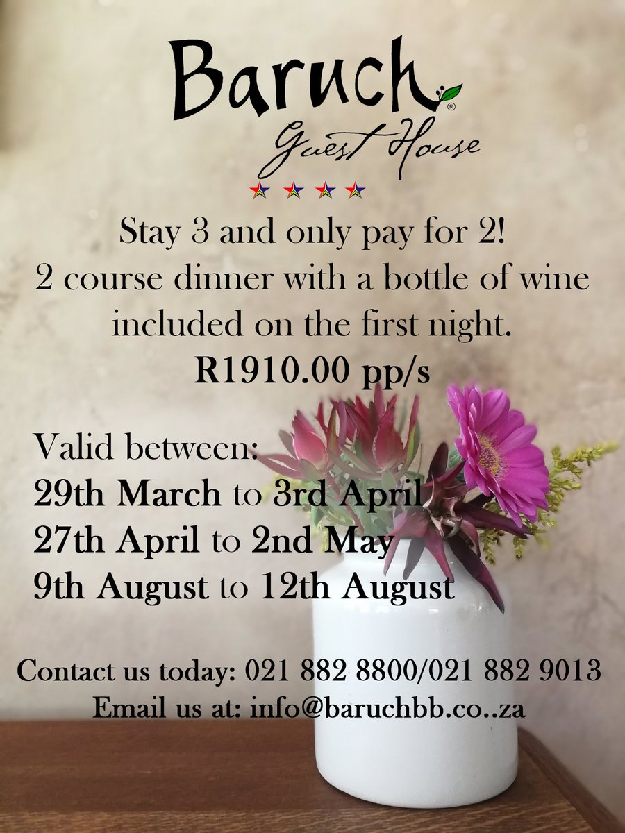 With the long weekends approaching fast, make sure you book your weekend with us. Our latest weekend offering includes a 2 course dinner and bottle of wine on the first night! Don’t miss out! #longweekend #easter #stellenbosch #staywithus