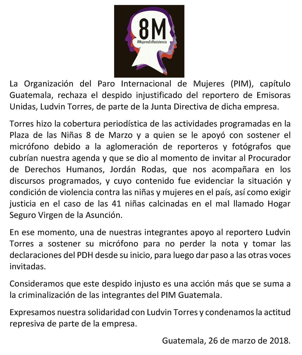 MujeresEnHuelga's tweet photo. En #Guatemala el medio @EmisorasUnidas despide a reportero por pedirle a una de nuestras compañeras del PIM #MujeresEnResistencia que le sostenga el micrófono.

Inconcebible.

Exigimos una explicación de este consorcio periodístico. https://t.co/PdrLMgbrXF