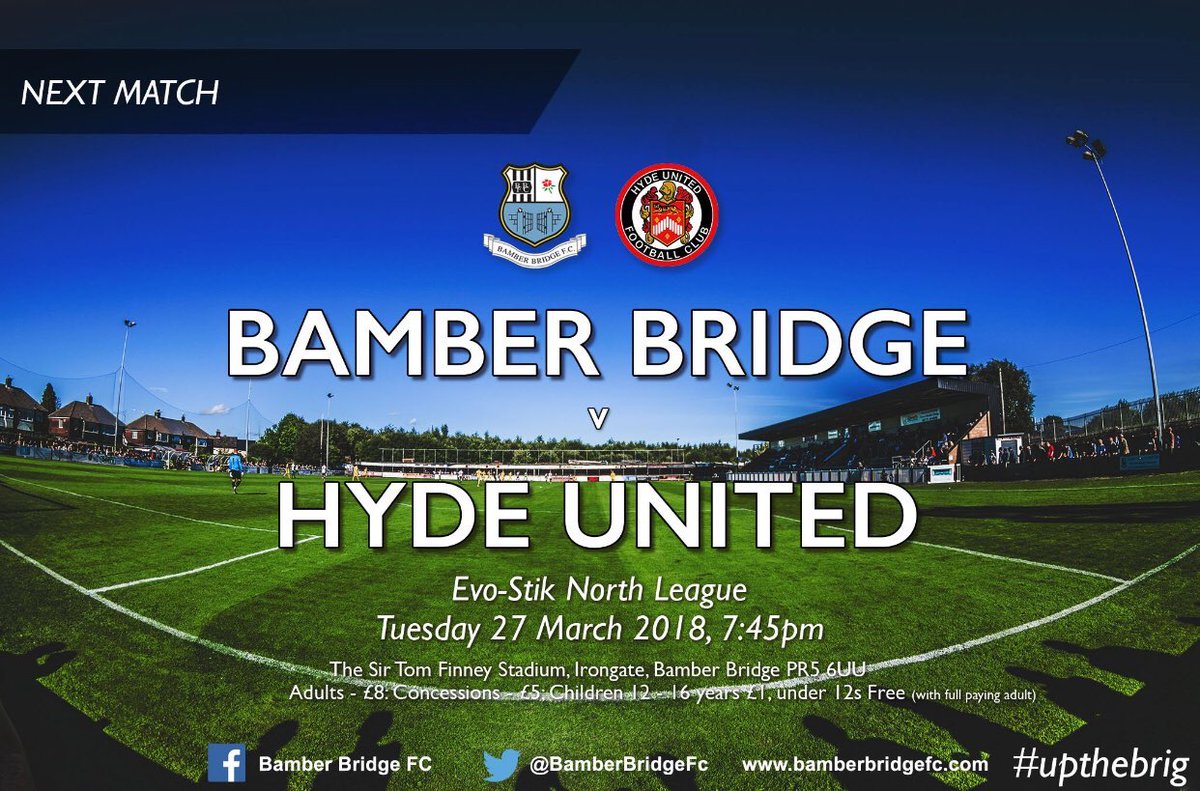 BamberBridgeFC's tweet photo. MATCH DAY!  We welcome league leaders @hydeunited this evening.  A huge game in the #promtionpush  Don't forget our fab 4 ticket offer starts tonight.  Last 4 home games for just £28.  Details at https://t.co/Dhhg7W83aB #upthebrig https://t.co/45zuW8dkyn