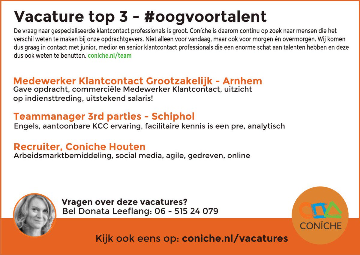 Welkom bij #vacature dinsdag van Coníche! Medewerker Grootzakelijk, Duiven bit.ly/2pK7rPu Teammanager 3rd parties, Schiphol bit.ly/2Gso6AR Recruiter, Coniche Houten bit.ly/2Gt2CDU #coníche