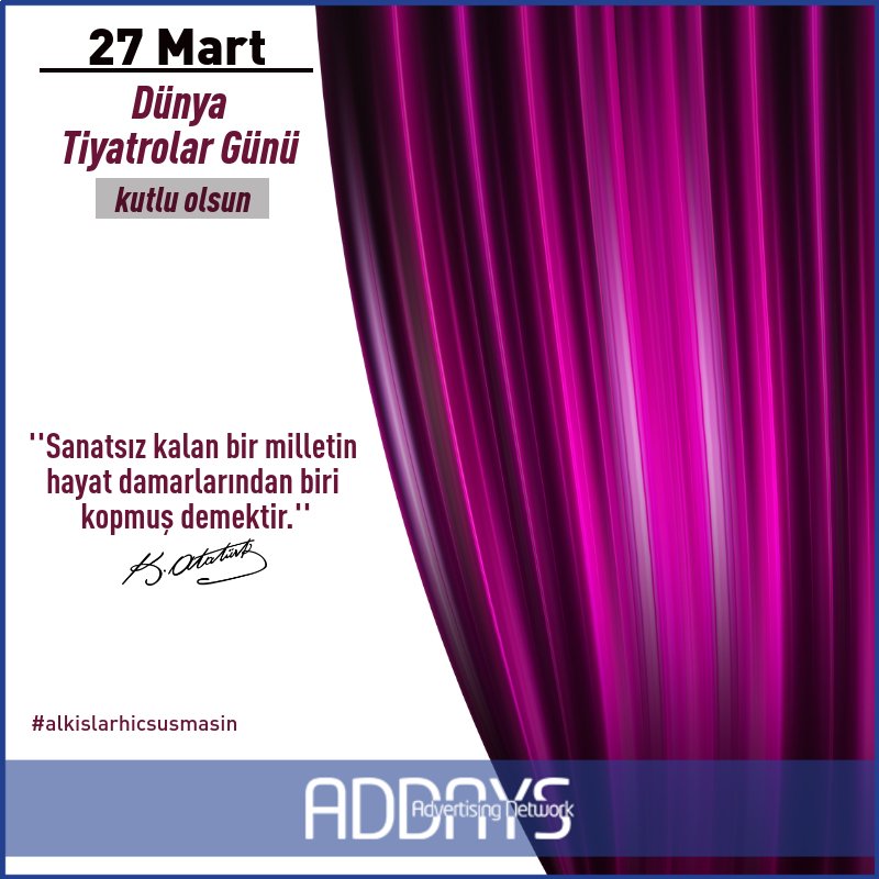 AddaysNet's tweet photo. Tüm tiyatro sanatçılarımızın ve tiyatroya gönül verenlerin 27 Mart Dünya Tiyatrolar Günü kutlu olsun.
.
#27mart #27martdunyatiyatrogunu #duyatiyatrogunu #tiyatro #sanat #alkislarhicsusmasin #addays #google #partner #googlepartner #adwords https://t.co/j21x5NpIg2