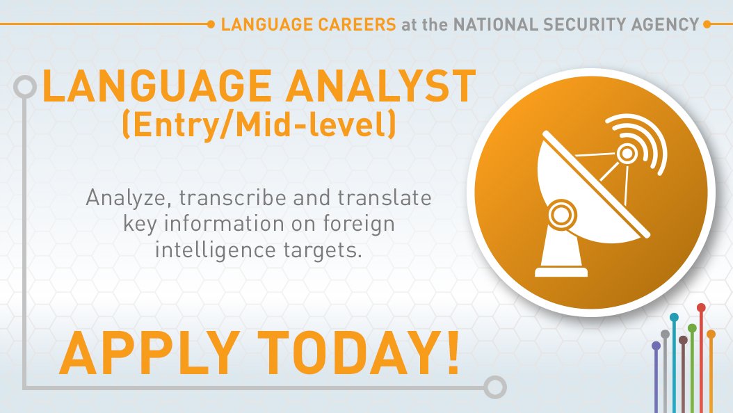NSACareers's tweet image. We couldn’t wait to get this one in front of you. Apply now! Language Analyst, Job ID# 30000650
ow.ly/RGRS30ja63A #NSA #LanguageAnalyst
