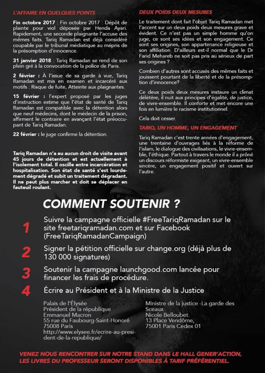 BintBattuta13's tweet photo. La #FreeTariqRamadan campaign sera présente au Bourget, du 30.3 au 2.4 dans le Hall Gener’Action. Des actions seront organisées et les livres de @TariqRamadan seront disponibles. https://t.co/Q3dRxY5vz0