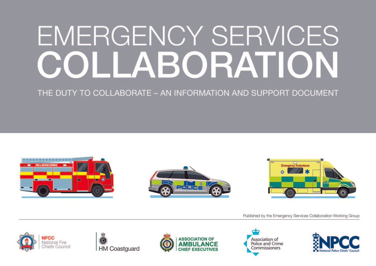 . <a href="/ESCWG999/">ESCWG</a> publishes new document on #collaboration between the Emergency Services, endorsed by <a href="/NFCC_FireChiefs/">National Fire Chiefs Council</a> <a href="/AACE_org/">The Association of Ambulance Chief Executives</a> <a href="/PoliceChiefs/">National Police Chiefs' Council (NPCC)</a> <a href="/AssocPCCs/">Association of Police and Crime Commissioners</a> and <a href="/MCA_media/">Maritime and Coastguard Agency</a>.  Please RT !

>>  buff.ly/2GwQLEY  <<

#fire #police #ambulance #coastguard #EMS #EPRR