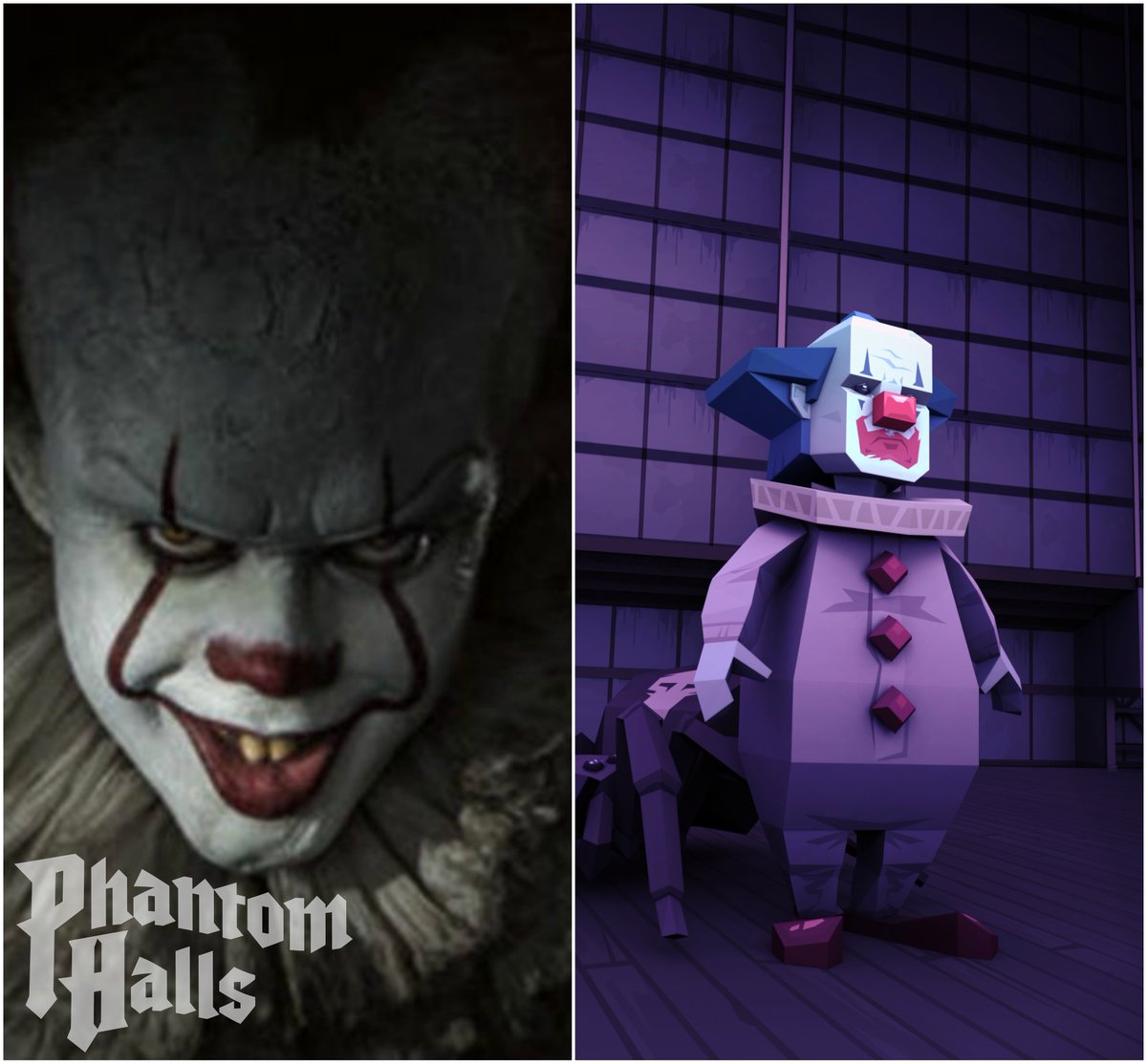 Who wore it better? @ITMovieOfficial. Is there anything more scary than a killer clown? Unfortunately for #PhantomHalls, we have more than one! #creepyclowns #horrorgame #indiegames #TuesdayThoughts #indiegaming #indiedev 

#Kickstarter: kck.st/2DmwwEe