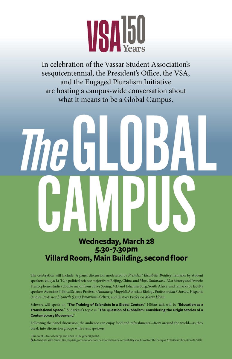Vassar's tweet photo. In celebration of its 150th anniversary, the VSA is hosting a campus-wide conversation focusing on the college's current and future status as a place for international learning and dialogue. Join us at 5:30pm Wednesday! @vassarvsa @VassarAlums https://t.co/Mn8RAoxrzr