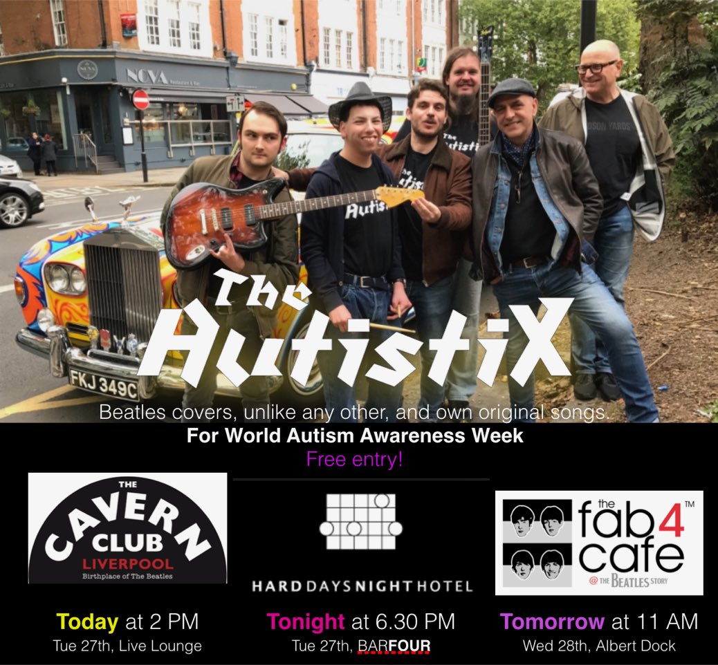 TheAutistiX's tweet photo. Come to our next gigs all FREE ENTRY 2pm @cavernliverpool then tonight @HDNHLiverpool in #BarFour at 6.30pm and tomorrow @beatlesstory in the #Fab4Cafe 11am. @itsliverpool https://t.co/vRwp0HewPr