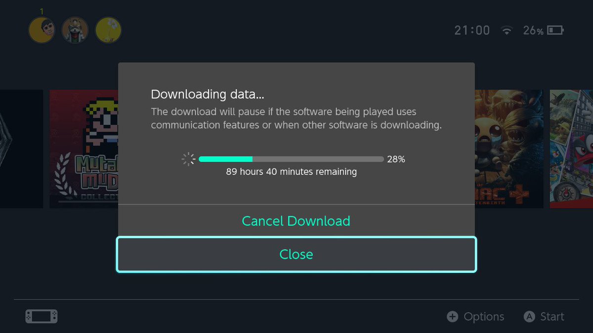 CubitsTNE's tweet photo. Which will arrive first, the NBN HFC or this download? #smartstate #adsl2slow #thewaitinggame #NintendoSwitch https://t.co/ACLQSXLePD