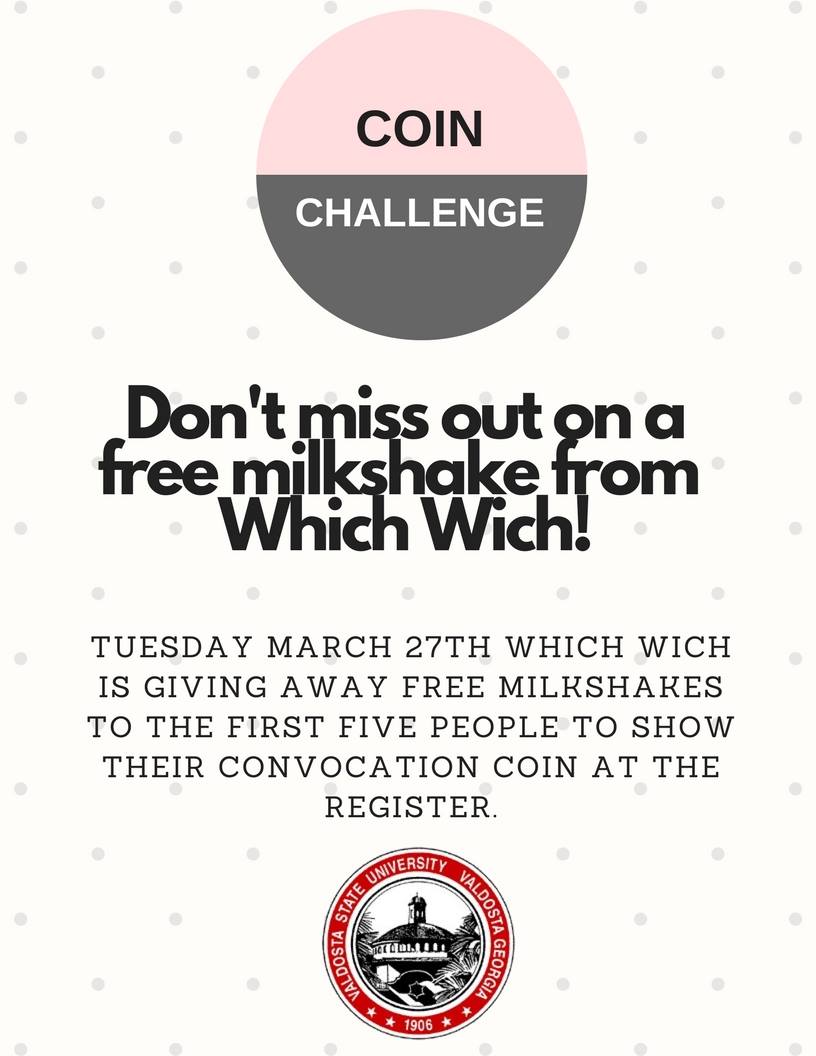 vsuauxsvcs's tweet photo. #VState21 did you hear? There's a Coin Challenge today! Head over to Which Wich for a sweet treat! https://t.co/hftOLIv0Sm