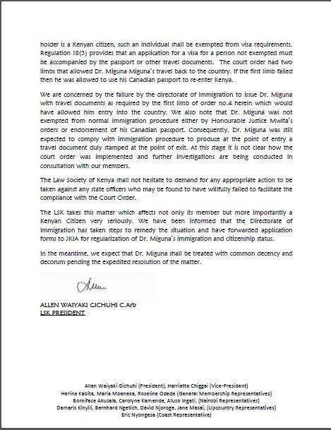 LSKPresident's tweet photo. “We are concerned by the failure by the directorate of Immigration to issue Dr. Miguna with travel documents as required by the first limb of order no.4 herein which would have allowed him entry into the country.” @LSKPresident https://t.co/qWFB66fuPJ https://t.co/BFw2J64m40