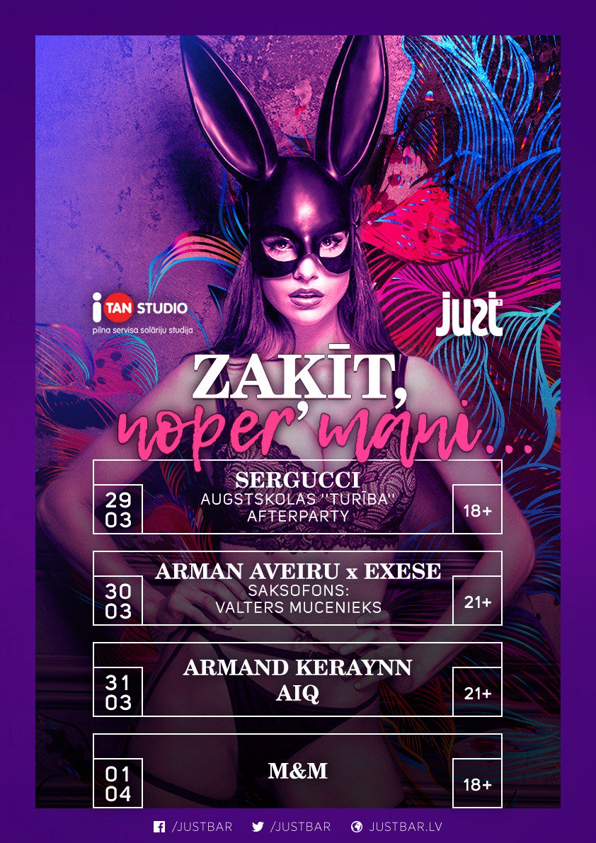 Ja vēl nepaspēji tikt iepērts Pūpolsvētdienā, tad pie mums gan dabūsi pa dibenu!
*Lūgums ievērot, ka pie ieejas, gan meitenēm, gan puišiem jāiegādājas kokteilis 5 Eur vērtībā ceturtdien, piektdien un sestdien.