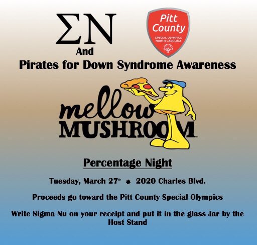Percentage day at mellow mushroom all day long TODAY! $$ goes to Pitt County Special Olympics!!