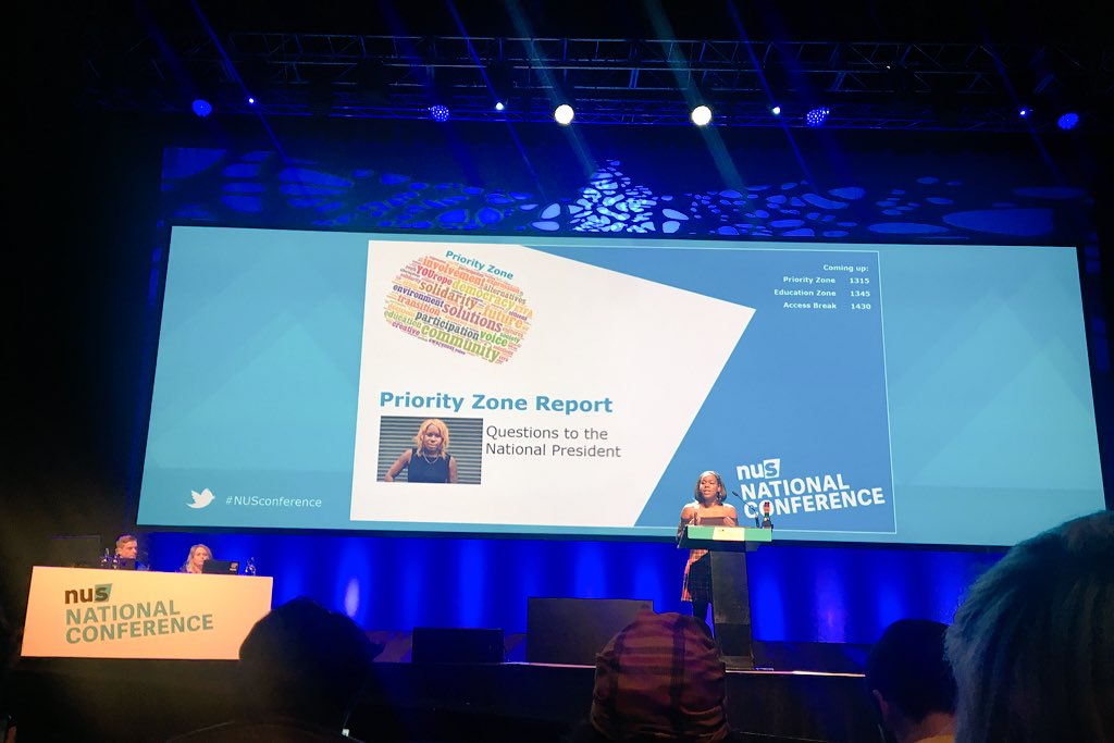 Priorty Zone Report: just watched the accountability video of @ShakiraSweet1 the National President and she is now answering questions based around this and other issues. #NUSConference