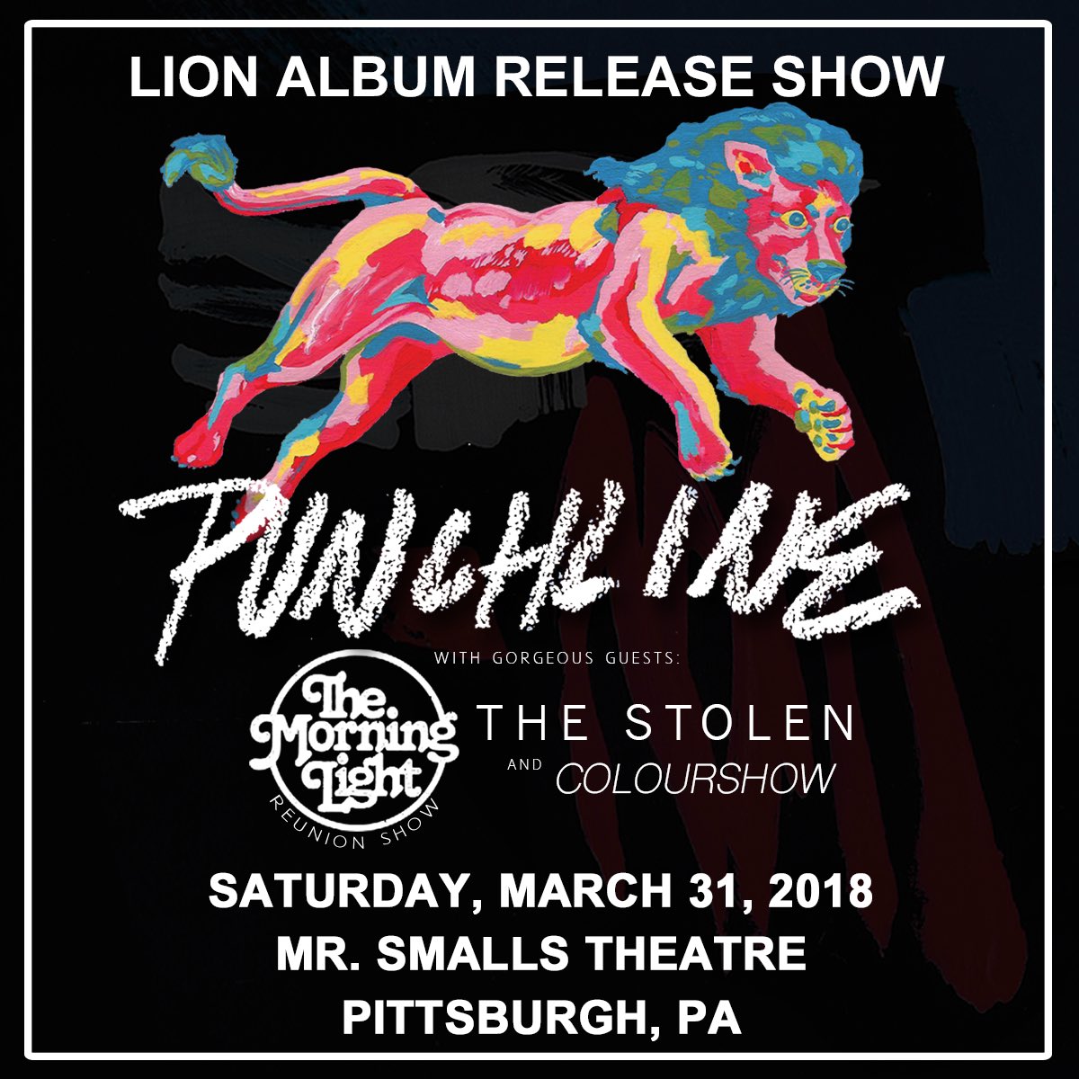 punchlion's tweet photo. The LION release party will only happen one time in history, and that one time is this Saturday at @MrSmallsTheatre. No actual lions will be released into the crowd. Also features: the reunion of The Morning Light, @thestolen, and @colourshowband

Tix: https://t.co/SP5wvp122m https://t.co/Gnow7x7im9