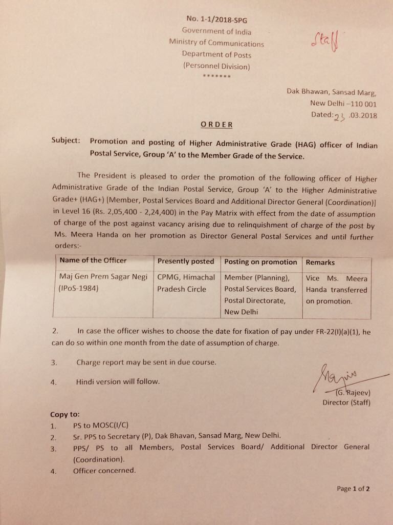 ipsahq's tweet photo. Congratulations to Maj Gen P S Negi on his promotion &amp; posting as Member (Planning), Postal Services Board. https://t.co/uTRHMXBkiP