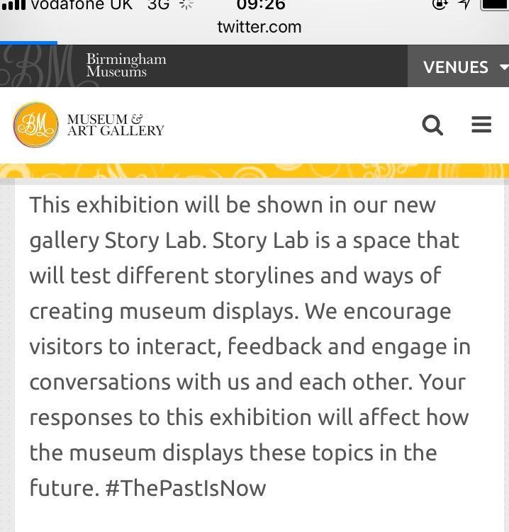 JozieKetts's tweet photo. Looking forward to seeing #ThePastIsNow at @BM_AG today. Exhibition is in a new testing space, ‘Story Lab’, for creating displays and telling stories in response to what the public actually want to hear about and engage in conversations around. #reflexivepractice #participation https://t.co/oO90KJsfVx