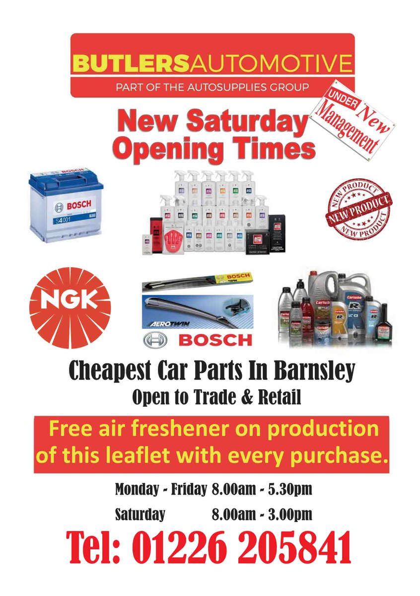 ButlersAuto's tweet image. New Saturday Opening hours, new promotion!!
Produce this leaflet and get a free air freshener with every purchase.