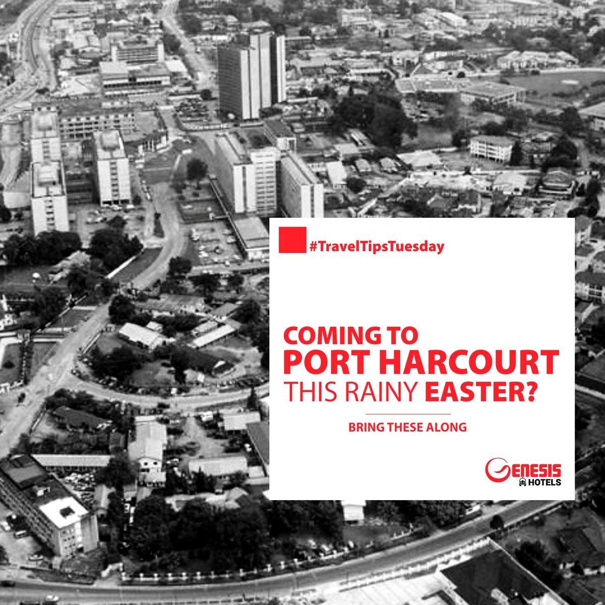 Genesishotelsph's tweet photo. #TuesdayTipsTuesday

Coming to Port Harcourt this rainy #Easter season?  Come along with these 

1. Travel Umbrella
2. Appropriate foot wears e.g Cute Rain Boots
3. Packable Rain Jacket
4. Any To-Fit Beautiful Trench Coat
5. Quick-drying clothing
 #GenesisHotels #DiscoverGenesis https://t.co/968nsw6W5N