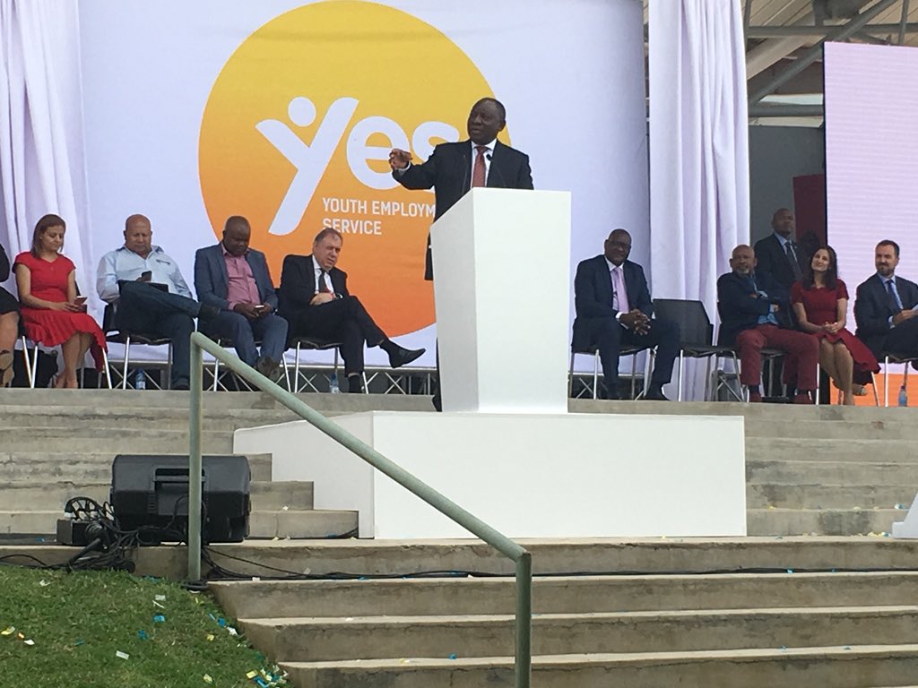 “Thank you to our first companies taking on young people...ABSA, Investec,Unilever, Netcare, Sasol” “Youth, Today is the beginning of a new chapter in your lives” President Rhamphosa. #AFutureThatWorks #Yes4Youth