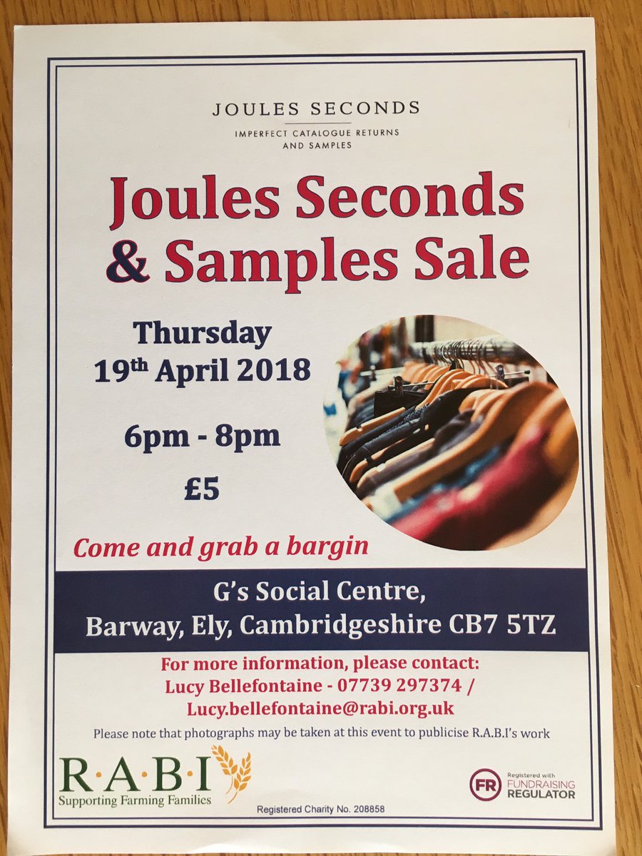 RABIEast's tweet photo. @RABIEast are hosting a #joules seconds sale on 19.04.18 at Gs Social Centre.....get the date in your diary to grab some bargains. Please retweet and spread the word! @Soham_YFC @Cambsfyfc @clubhectare2211 @CLAEast @NFUEastAnglia https://t.co/RYBXpK2m7Y