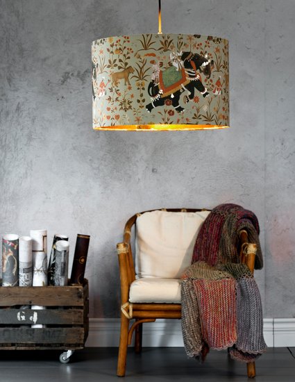 MINDTHEG13's tweet photo. The world is a canvas to our imagination and we use all of it in our art. This is the gorgeous Procession linen pendant lamp showing a traditional ceremony from the old world of India. 🐘✨🌿 #mindtheg #lampshade #india #lighting #TuesdayThoughts #art #love https://t.co/T5mJ7tQ6Ie