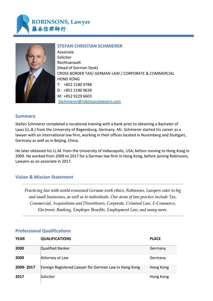 RobinsonsLawyer's tweet photo. Introducing our featured lawyer Mr. Stefan Schmierer.

Stefan is our firm’s premiere tax attorney. Not only so, Stefan, being a qualified German Lawyer, also regularly provides advise on Hong Kong – European cross-border legal matters.

#TaxLaw #FeaturedLawyer #LawyerScholar https://t.co/613WZqkMkM