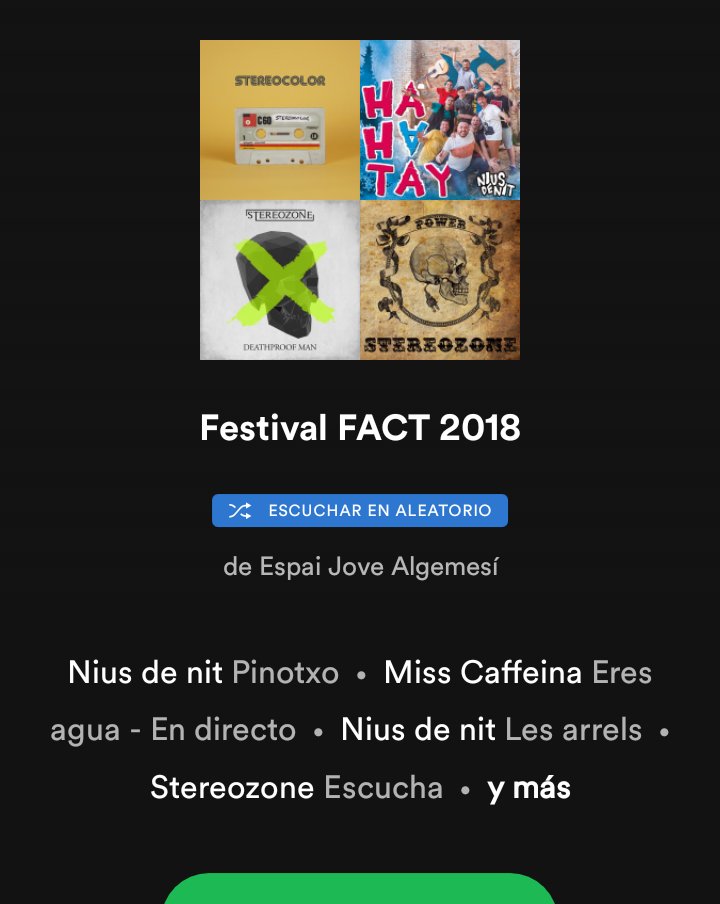 🌺🍃🎶DISPONIBLE LA PLAYLIST DEL #FACT2018!!!!🎶🍃🌺

🎵🤗No t'ho penses i segueix-la!!

GAUDEIX DE LA BONA MÚSICA!!!🎸🎺🎵

Nius de Nit Stereozone Pantanà Stereocolor Miss Caffeina

#FACT2018 #Algemesí #festival #maig