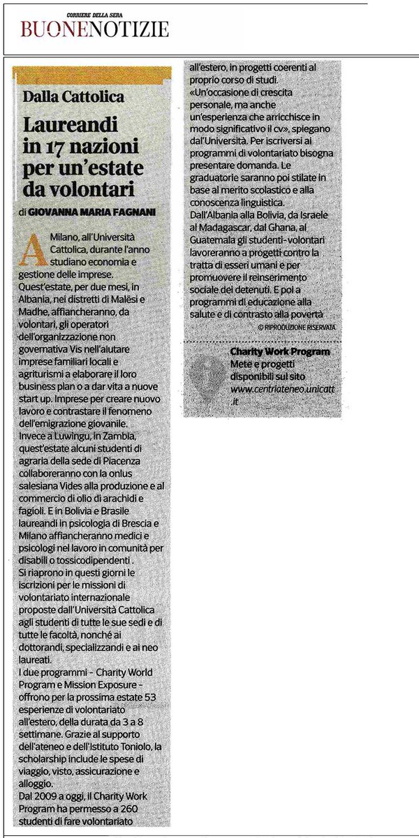 Unicatt's tweet photo. #CharityWorkProgram, l'estate da #volontari degli studenti #Unicatt su @CorriereBN. In corso le selezioni per 53 scholarship che sosterranno progetti in 17 Paesi del mondo https://t.co/fPdG3jwAJE