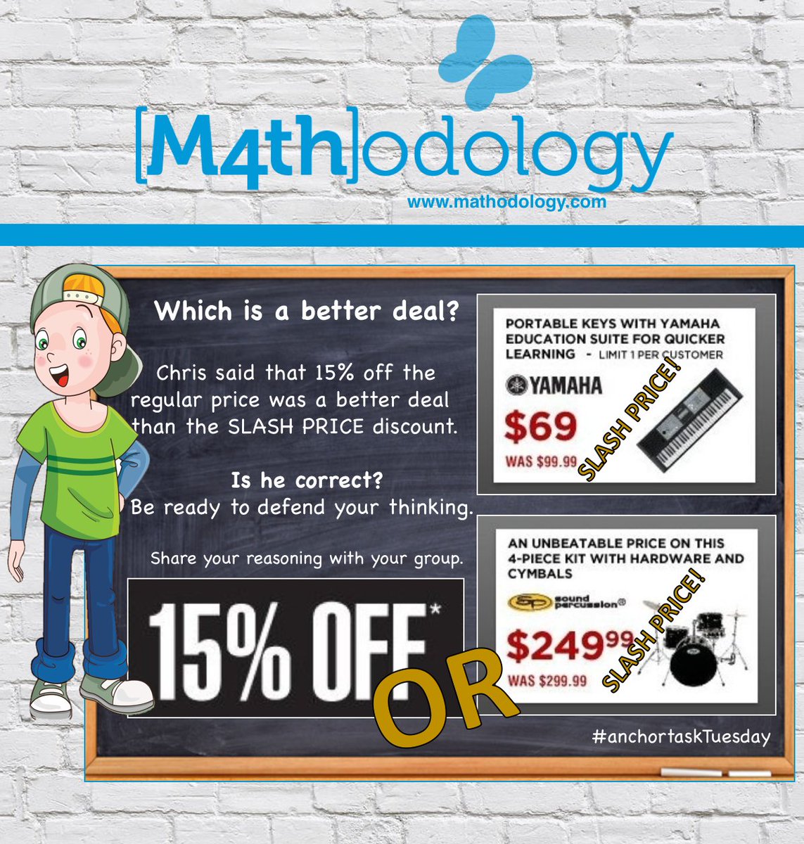 Mathodology's tweet photo. Chris said that 15% off the regular price is a better deal                                                 than the SLASH PRICE discount.
Is he correct?
#defendyourthinking #realifemath #AnchorTaskTuesday
PART 2: How much would a % discount have to be to surpass the SLASH price? https://t.co/cGuOBZWLW2
