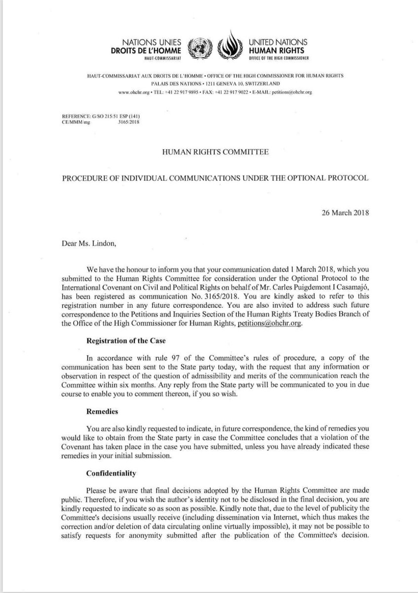 miquelcalcada's tweet photo. The Human Rights Committee of the UN agrees to admit the case of President Puigdemont for violation of his political rights. Any statement Mr. @SJLambrinidis? Not yet? https://t.co/3jaiGXTmZB