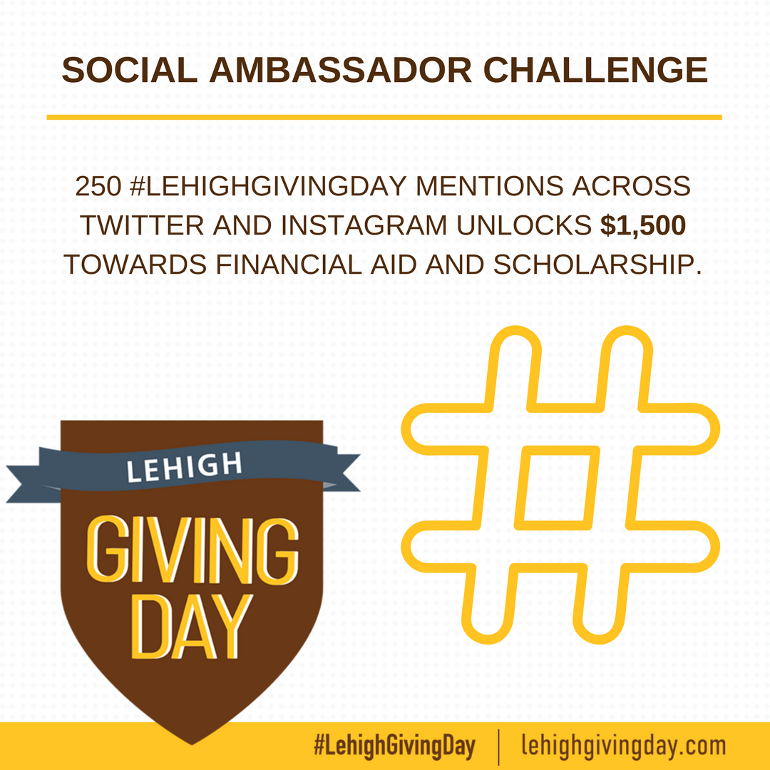 LehighAlumni's tweet photo. Need an excuse to cruise social media during class/work? Help unlock $1,500 towards financial aid and scholarship by using #LehighGivingDay: https://t.co/VgaScm2ZVk https://t.co/Naq9r01suq