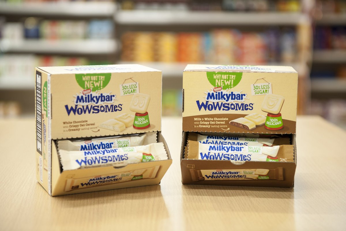 NestleUKI's tweet photo. #Milkybar Wowsomes, the first chocolate bar in the world to use Nestlé’s innovative sugar reduction technique. https://t.co/1Gmg8qySUV With the help of this new technology, #Wowsomes has 30% less sugar than similar chocolate products #StructuredSugar https://t.co/5CsNLY8Mcu