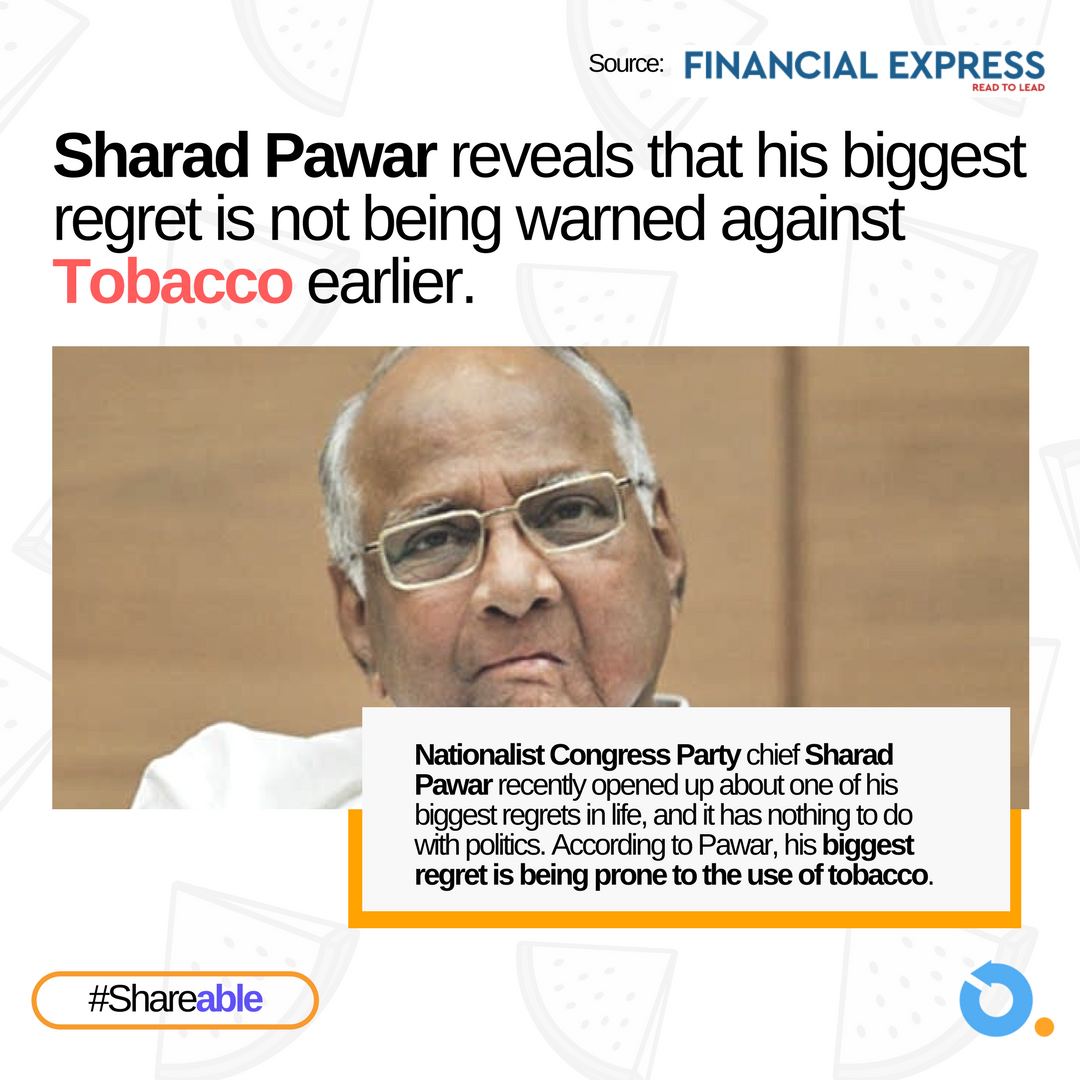 OncoCancerCare's tweet photo. Cancer Survivor and prominent politician Sharad Pawar has recently revealed that his biggest regret is not being warned enough about Tobacco at the right time! #OncoDotCom #Shareable Read more at: https://t.co/wfzs7tEBmI https://t.co/IqcVdyHZ5k