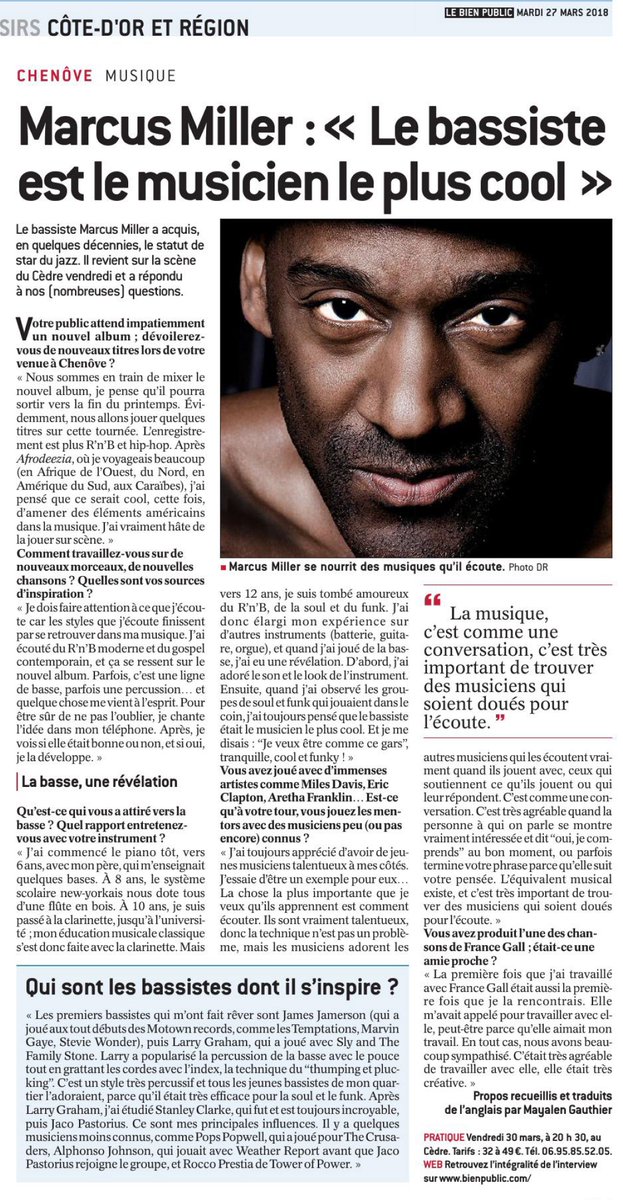 Marcus Miller sera en concert à Dijon vendredi ! 
Réservations : bit.ly/2CqO2uS