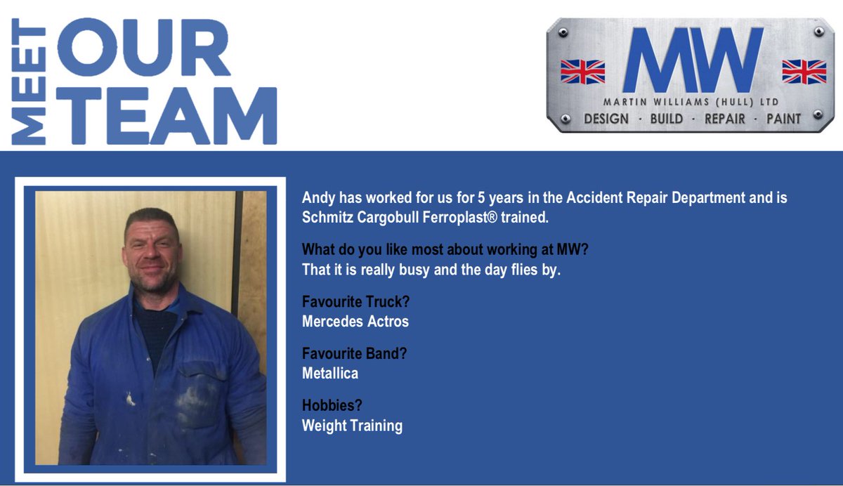 mwhullltd's tweet photo. #TeamTuesday
Meet Andy from our Accident Repair Department...
#AccidentRepair #PanelBeater #BodyRepair #RepairWork #TrailerRepairs #ApprovedRepairer #SchmitzCargobull #Ferroplast https://t.co/8HgWZi3y0H