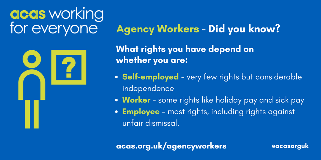 acasorguk's tweet photo. There are three main types of employment status; workers, employees and self-employed.  If you're an agency worker, do you know what your employment status is? https://t.co/EbSFFgBLjk https://t.co/v9vUDi6IhU