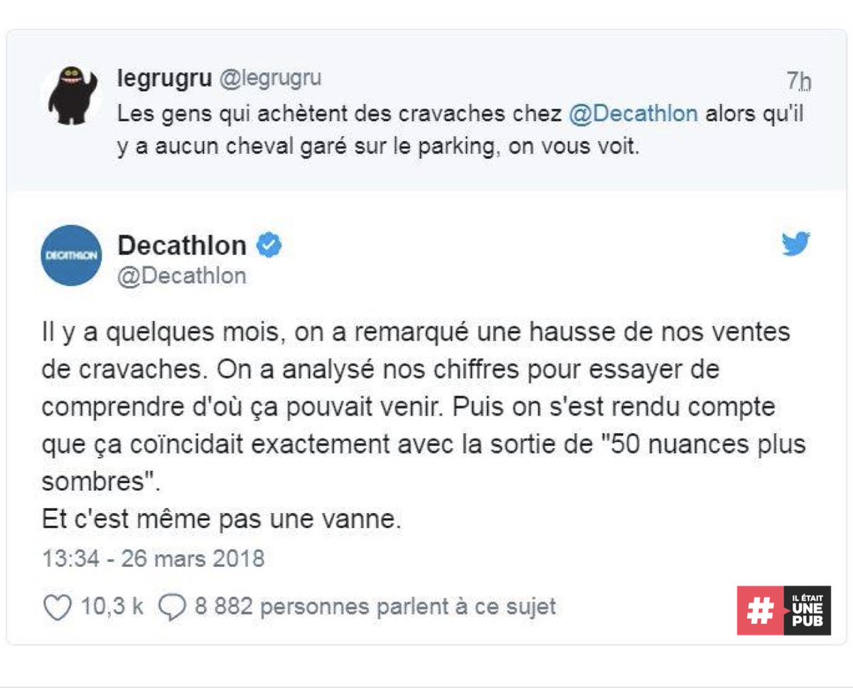 ieupmedia's tweet photo. Analyse fine et sans retenue des ventes👌😉🐎Bravo @Decathlon
.
@iletaitunepub
.
#decathlon #CommunityManager #analyse #cravache #cravachesdor #chevalier #cravaches #50nuancesplussombre #socialmediamarketing
Merci @legrugru https://t.co/mltg5A5xaw