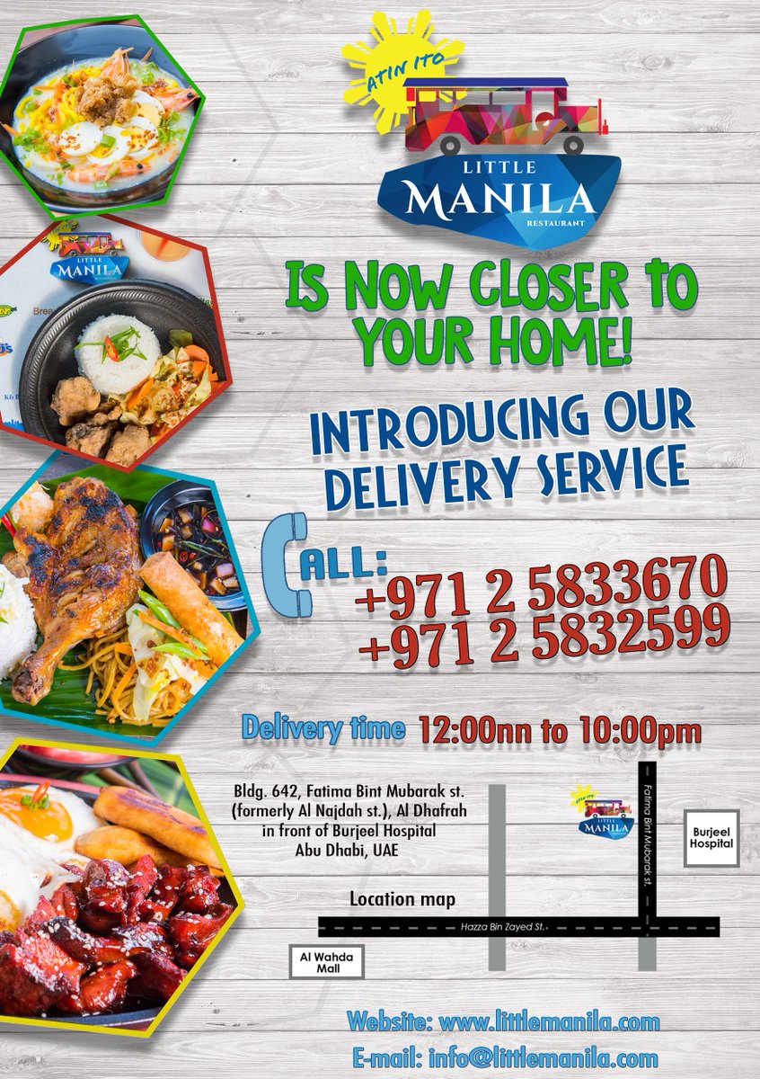 LittleManilaME's tweet photo. Good News for Abu Dhabi Residents! LM is now offering delivery services in d capital! Get ur favorite Filipino food delivered to ur doorstep today. Call: 02 5833670! Mabuhay! #MyLittleManila #AtinIto #Delivery #Fresh #Fast #Filipino #Favorite #Home #Doorstep #Unit #Accommodation https://t.co/YqWaozVq08