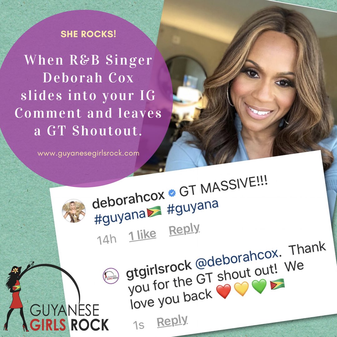 GTGirlsRock's tweet photo. R&B Singer/Actress @deborah_cox stopped by the Page this weekend and dropped some GT love! Let’s show her how we rock – what’s your favorite Deborah Cox song? Leave comment below 👇🏽#deborahcox #deborahday #gtgirl #gtgirlsrock #guyanesegirlsrock https://t.co/s7Ia2q4Mls