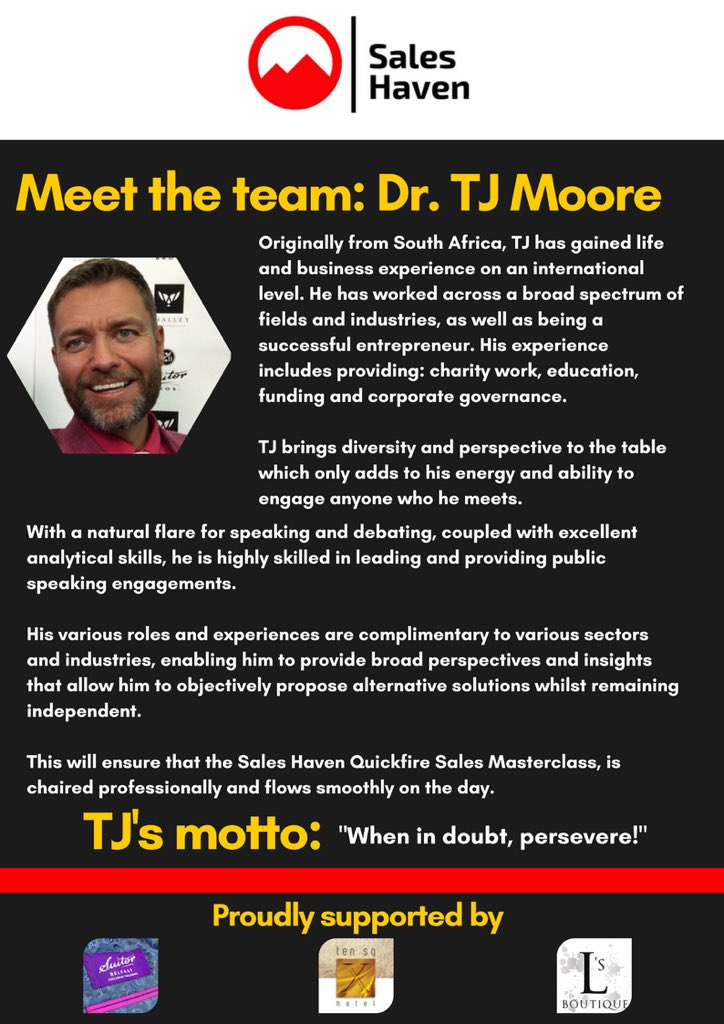 Kenny Galloway (@kenny_lightyear) on Twitter photo Proudly introducing our MC and Chair for the Sales Haven: Quickfire Sales Masterclass, on the 26th of April! #SalesNI
A keen entrepreneur and professional motivational speaker:
@TJMspeaks <a href="/SuitorBrothers/">Chris Suitor GGG - SuitorBros</a> <a href="/tensquarehotel/">Ten Square Hotel, Belfast</a>
GET YOUR EARLY BIRD TICKETS £12: getinvited.to/kenny-galloway… Proudly introducing our MC and Chair for the Sales Haven: Quickfire Sales Masterclass, on the 26th of April! #SalesNI
A keen entrepreneur and professional motivational speaker:
@TJMspeaks <a href="/SuitorBrothers/">Chris Suitor GGG - SuitorBros</a> <a href="/tensquarehotel/">Ten Square Hotel, Belfast</a>
GET YOUR EARLY BIRD TICKETS £12: getinvited.to/kenny-galloway…