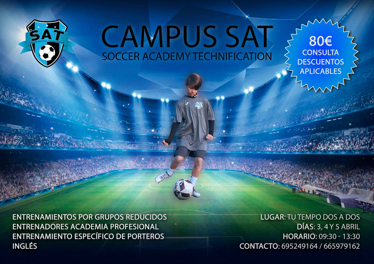 #CuentaAtrás Si el #Balón te corre por las venas: Campus Tecnificación SAT. Días 3, 4 y 5 de abril. En <a href="/TUTEMPODOSADOS/">TUTEMPO Dos a Dos</a> ☎ 695 249 164 / 665 979 162  👉 ENTRENAMIENTOS POR GRUPOS REDUCIDOS  👉 ENTRENADORES ACADEMIA PROFESIONAL 👉 ENTRENAMIENTO ESPECÍFICO PORTEROS 👉 INGLÉS #Fútbol