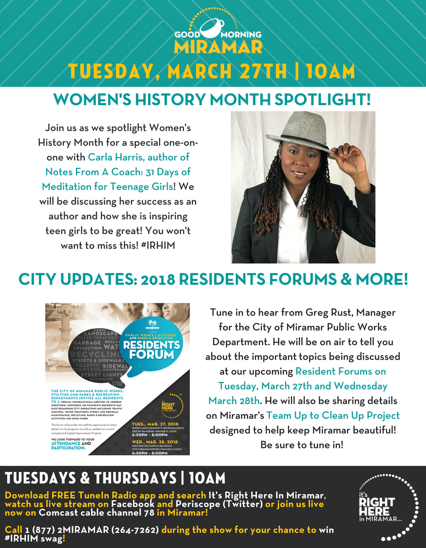 CityofMiramar's tweet photo. TODAY ON #GMM: We are hearing directly from our @MiramarPW Public Works team bout the 2018 Resident Forums and the Team Up to Clean Up Project! Don’t miss this important segment! #IRHIM https://t.co/n32jjEZHP3