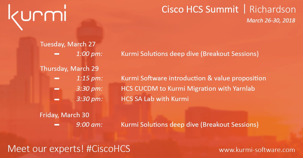 KurmiSoftware's tweet image. Come and meet our experts all over the week at the @CiscoCollab HCS Summit Richardson, TX. We have great news to share with you! Feel free to ask for a one-on-one meeting at any time. 

Contact us for more information at contact-us@kurmi-software.com

#CUCDM #UCMigra…