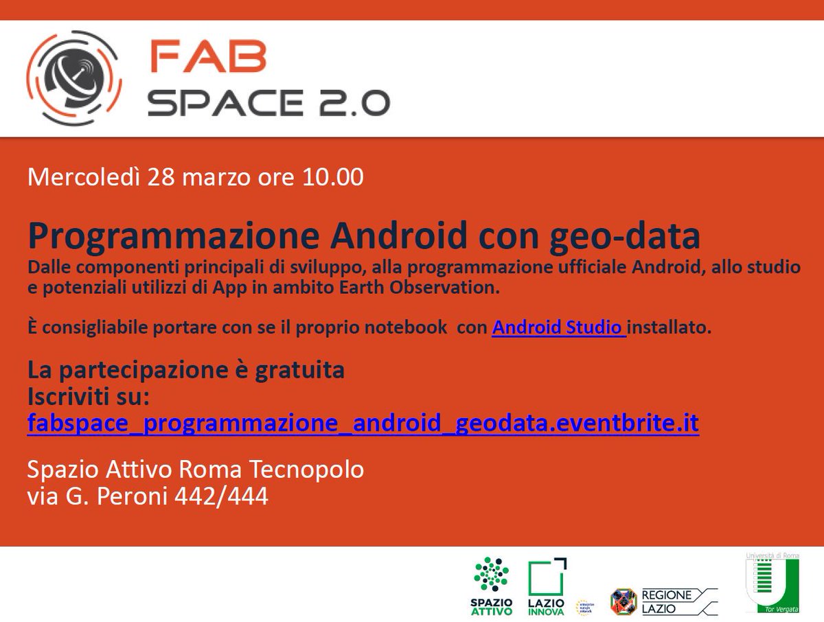 ing_torvergata's tweet photo. Leonardo De Laurentiis, dottorando in #ComputerScience, Control and #GeoInformation Doctorate @unitorvergata, terrà il seminario "Programmazione #Android con #geo_data" (28/03 - h10) presso @SA_Tecnopolo @LazioInnova @FabSpaceWorld #App #EOdata ➡️https://t.co/f34O1Cnn73 https://t.co/1qiBdmWkEU