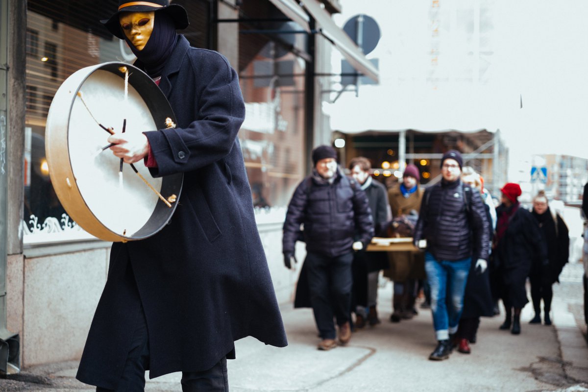 FlycatcherFly's tweet photo. Flycatcher Live Act 6: Nando's Fun-eral, a procession through the streets of Kalliio, Helsinki to mark the beginning of our friend's gender transition process. https://t.co/pVDp2NnGxr