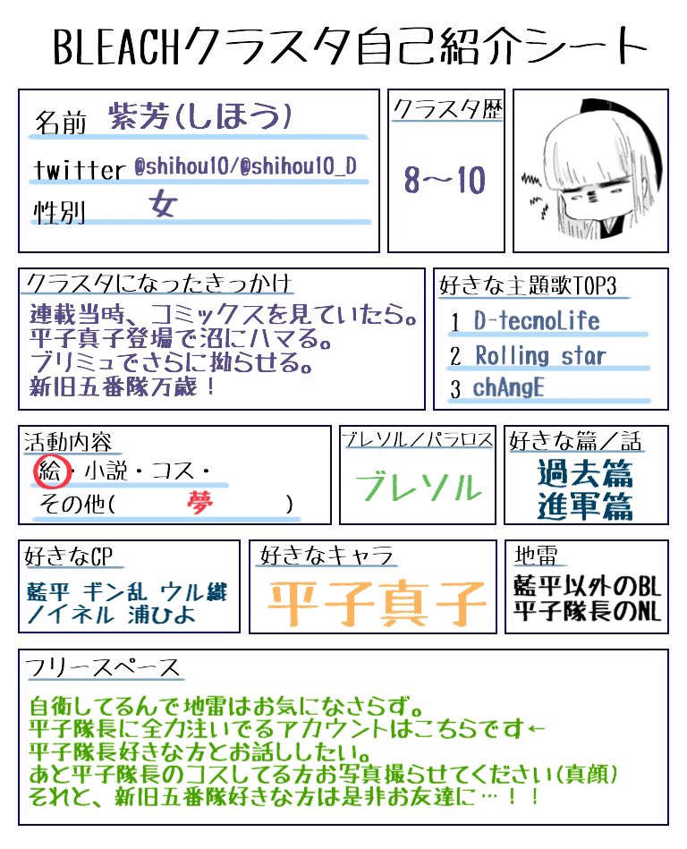 Uzivatel 紫芳 9 15再録本頒布 Na Twitteru シートお借りしました 平子隊長と惣右介メインに描いてます 平子隊長好きな方は是非 夢関係は別垢がプロフにありますのでご興味ある方そちらからどうぞ Bleachクラスタさんと繋がりたい Bleach自己紹介シート Uzivatel 紫芳 9 15再録本頒布 Na Twitteru シートお借りしました 平子隊長と惣右介メインに描いてます 平子隊長好きな方は是非 夢関係は別垢がプロフにありますのでご興味ある方そちらからどうぞ Bleachクラスタさんと繋がりたい Bleach自己紹介シート