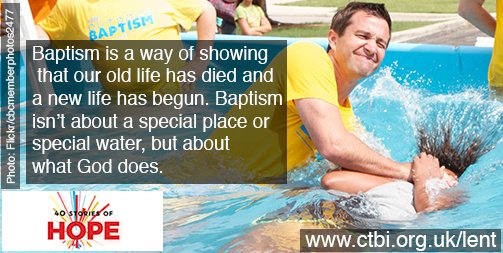 CTBI's tweet photo. Lent 2018 Wk 6

Baptism is a way of showing that our old life has died and a new life has begun. Baptism isn’t about a special place or special water, but about what God does.

40 Stories of Hope https://t.co/VUQrUE1RJ9            
     
#ctbilent #40StoriesofHOPE #lent #Lent2018 https://t.co/leRDSLIk4U