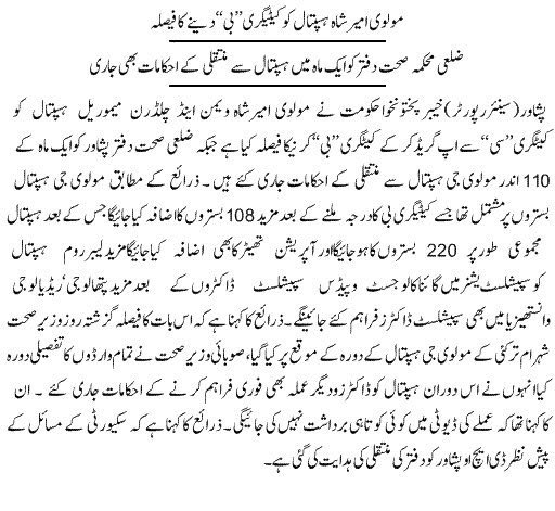 12/25Molvi Ameer hospital upgraded to category B with addition of 108 beds.