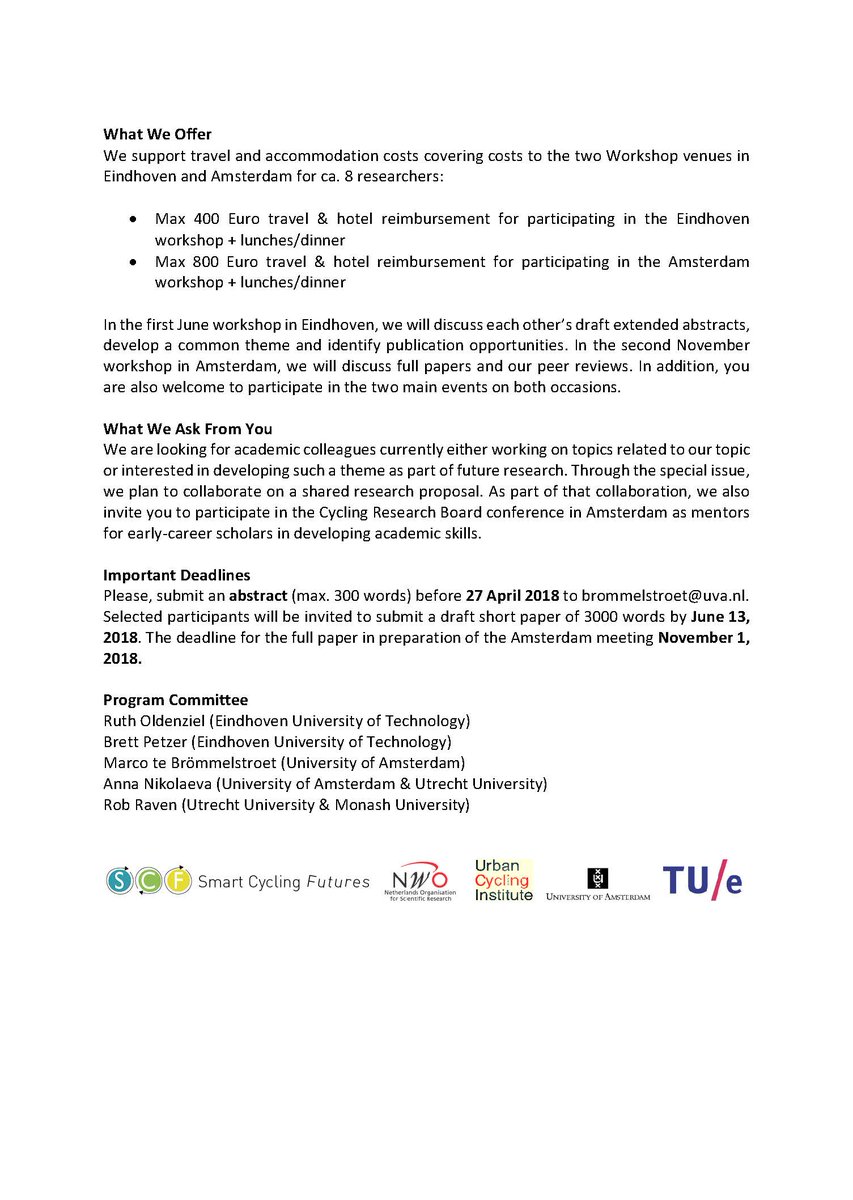 Interested in how smart technologies and/or governance arrangements around cycling are trialled in urban living labs?
And in engaging in multidisciplinary research?
Share+Submit your abstract and apply for this funded opportunity to come to the Netherlands!